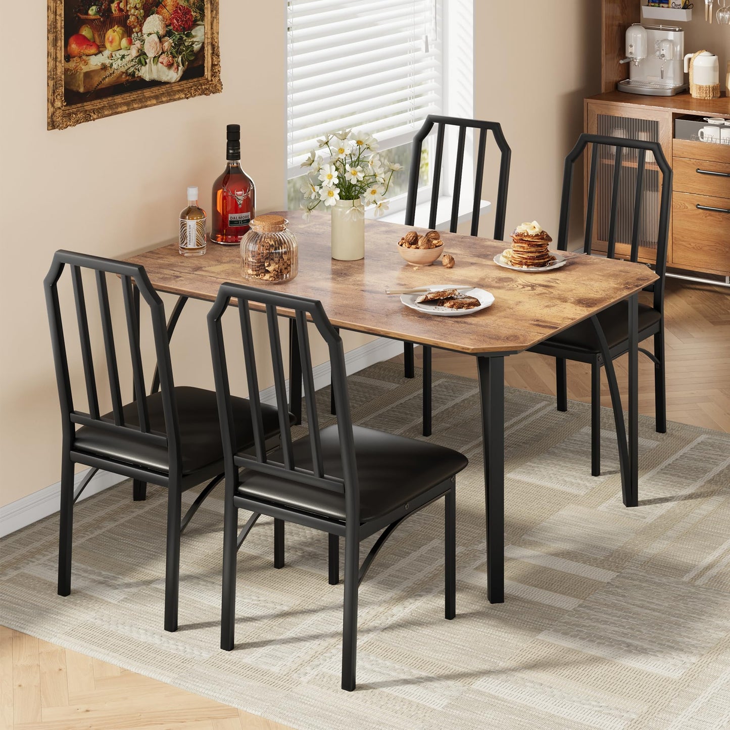 GAOMON Dining Table Set for 4, Kitchen Table and Chairs for 4 with with Chamfer Design, 5 Piece Dining Room Table Set with Cushion Seats for Small, Home Kitchen, Apartment-Rustic Brown