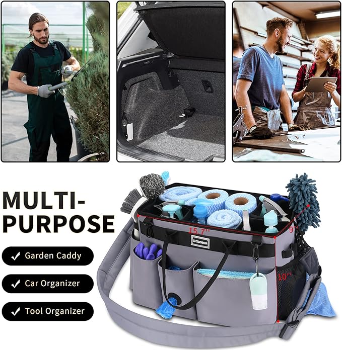 Large Cleaning Caddy Organizer with Handle, Sponge Shoulder Strap Cleaning Supplies Organizer with Foldable Dividers Zipper Pocket Cleaning Supply Caddy for Cleaners Housekeepers
