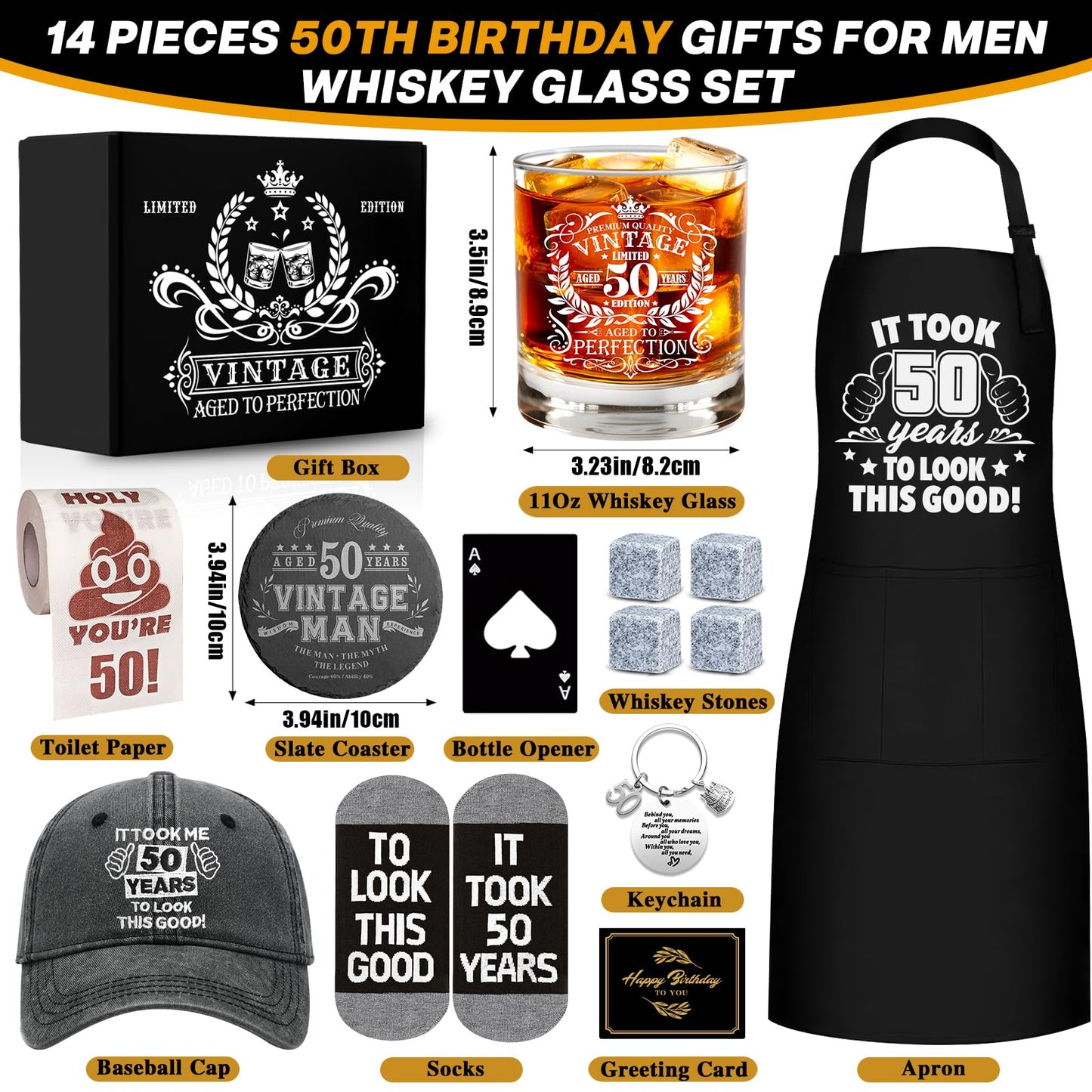 50th Birthday Gifts for Men Whiskey Glass Set, 50th Birthday Party Supplies with 11 Oz Whiskey Glass Coaster Stone Baseball Cap Apron Sock Funny Toliet Paper Keychain for Him, Dad, Husband, Friends