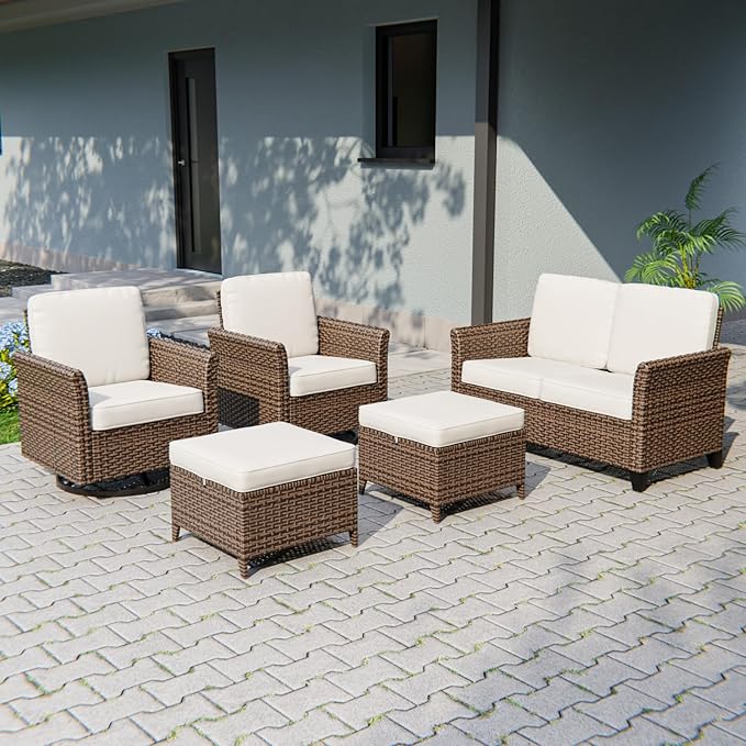 COOS BAY Harbor Retreat 5 Piece Outdoor Furniture Set, Patio Conversation Set with Swivel Rocking Chairs, 2 Seat Loveseat and Ottomans, Wicker Furniture, Brown/Beige