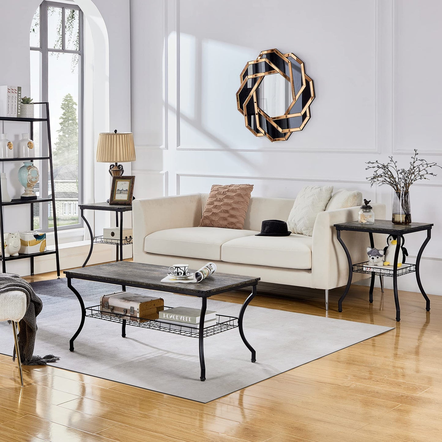 VECELO 3 Pieces Living Room Table Sets, Coffee and End Tables with Open Storage Shelves for Apartment, Home Office, Small Space, Easy Assembly, Grey Oak