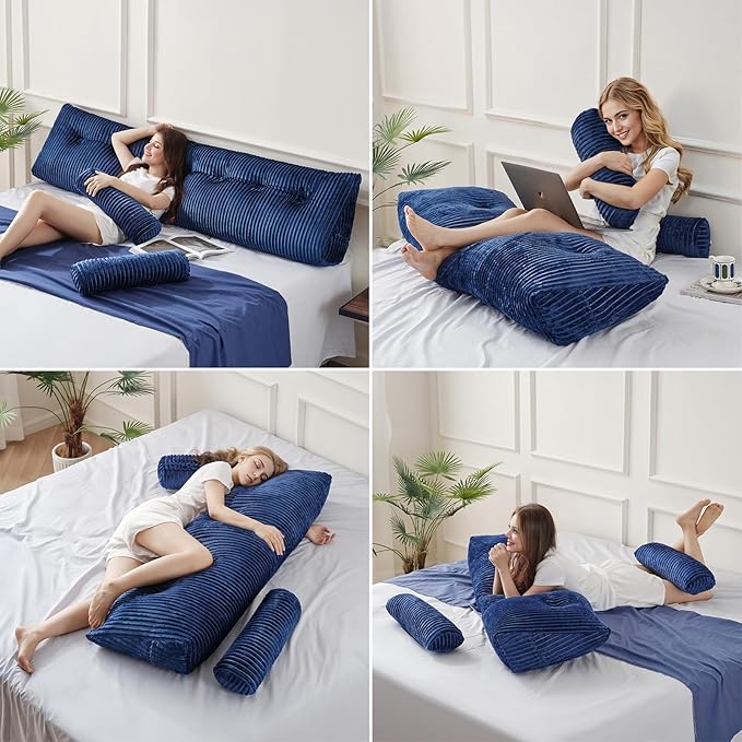 Z-hom Large Wedge Pillow Headboard, Twin Triangular Headboard Pillow, Reading Pillow Standard Bed with a Roll Pillow for Bed Sitting Up Sleeping, Backrest Cushion Headboard Gap Pillow for Back, Blue