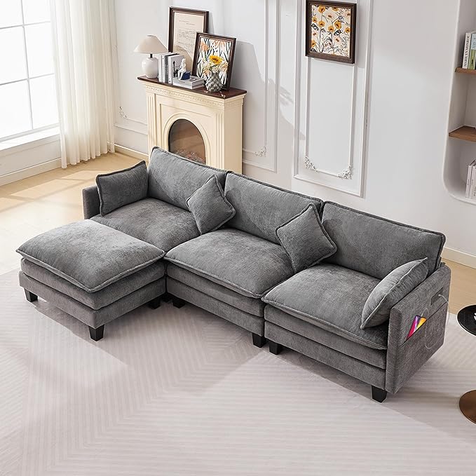 Opiesit 108" Modular Sectional Couches for Living Room with Ottoman, L Shaped Cloud Couch with Charger, USB & Type-c Port, Comfy 4 Seats Sofas with Deep Seat, Chenille Fabric, Darkgrey
