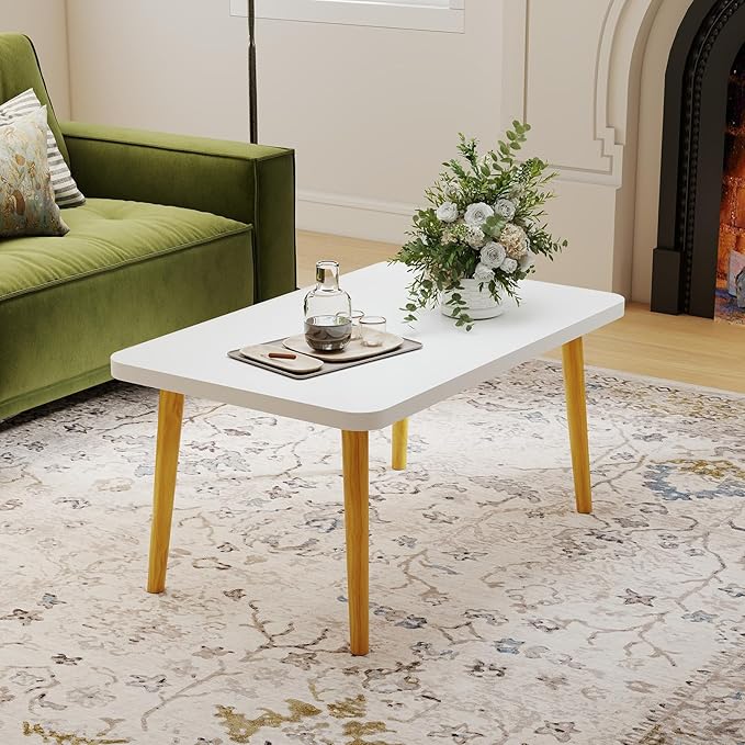 Funecy Coffee Table Low Table with Solid Wood Sturdy Legs, Floor Table Desk for Sitting on The Floor, Storage and Living Room Furniture (White-Square)