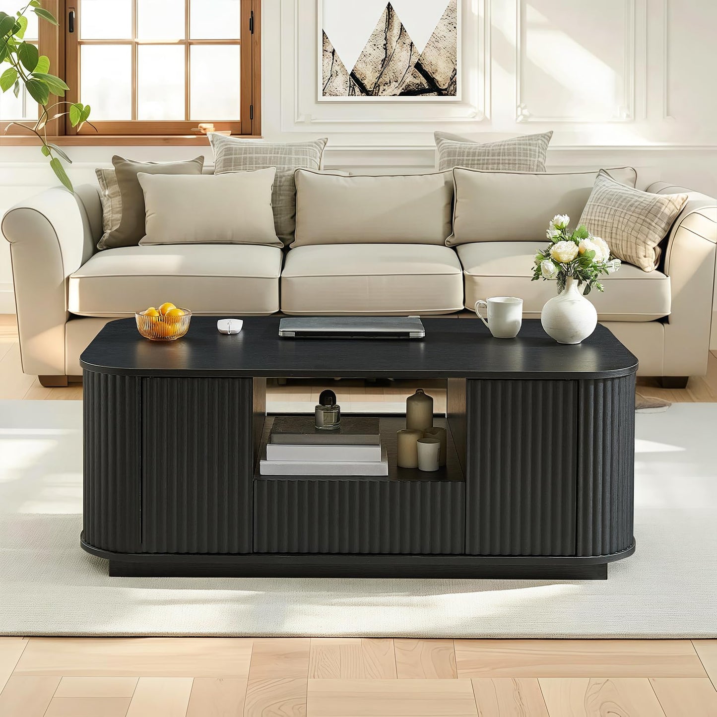 SZTHHDF 46.5" Coffee Table with Storage, Mid Century Modern Coffee Table with Drawer Wave Pattern Center Table with Door for Living Room, Office, Apartment, Black