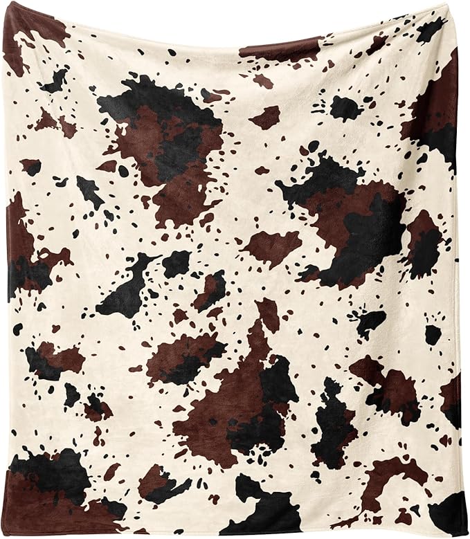 Yiyhuxf Cow Print Blanket Animal Brown Black Milky White Faux Fur Throw Blankets Western Cute Flannel Fleece Decorative Be...