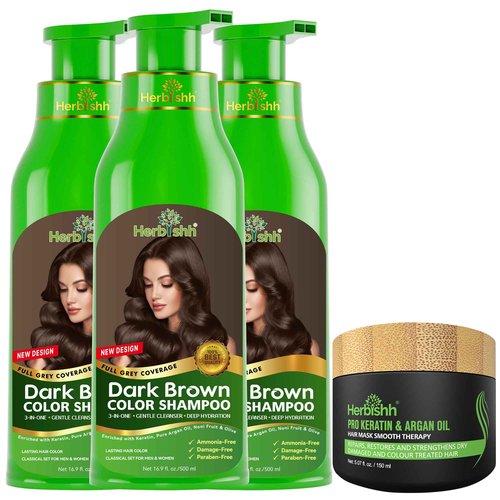Herbishh Ultimate 3pcs Hair Color Shampoo Dye +1 Argan Hair Mask, Smooth and Long Lasting for Grey Hair Men & Women Easy & Quick to Use-Combo4 (Dark Brown)