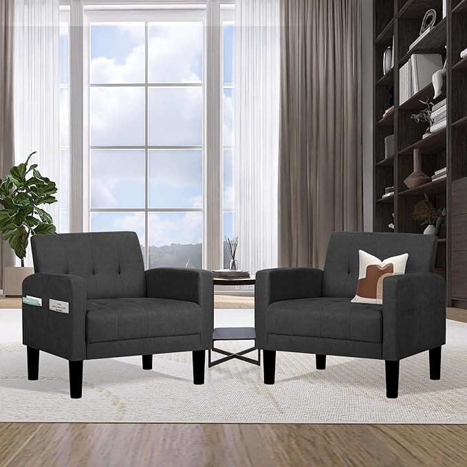 TYBOATLE Accent Chairs Set of 2 Living Room Chairs Cozy Tufted Mid Century Modern Accent Chairs with Arms for Bedroom Comfy Reading Arm Chair Small Chairs for Small Spaces Office (2, Dark Grey)