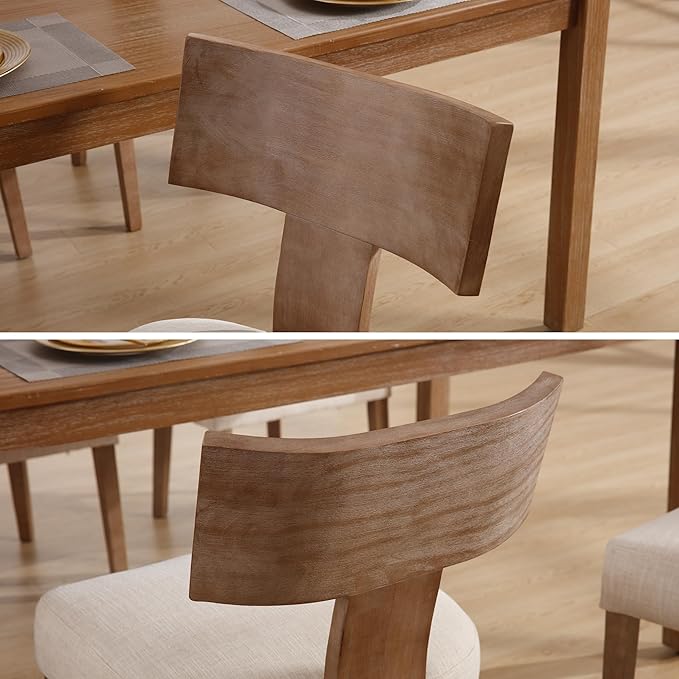 DM Furniture Linen Dining Chairs Set of 2 with Natural Wood Legs, Farmhouse Upholstered Side Chair with Curved Backrest for Living Room/Restaurant, Beige