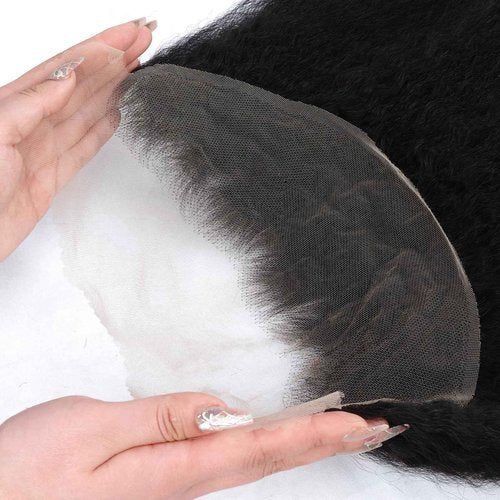 Kerriana 13x4 Transparent Lace Frontal Kinky Straight Human Hair 18 Inch Yaki 13 by 4 Frontal Closure Ear To Ear Natural Black Color