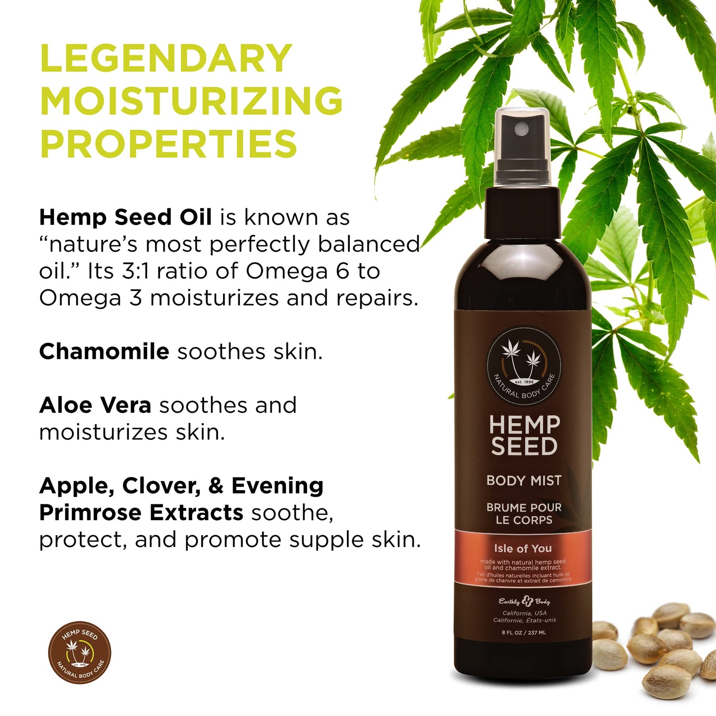 Hemp Seed Body Mist, Isle of You - 8 fl oz - Moisturizes, Invigorates & Protects Skin - With Hemp Seed Oil, Chamomile & Aloe Ver
