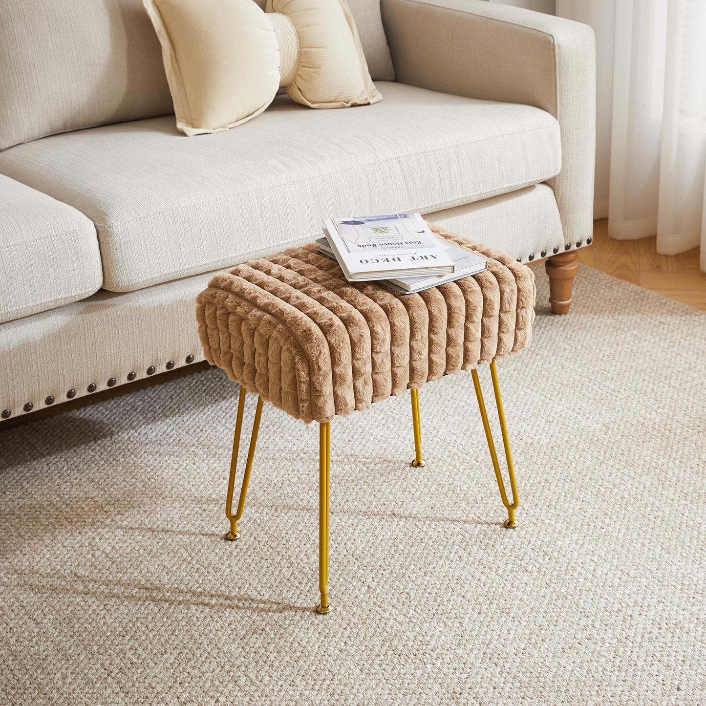 IBUYKE Rectangular Footrest Stool Ottoman, Makeup Vanity Stool Side Table, Velvet Dressing Table Seat, Footstool Chair, Golden Steel Legs, for Makeup Room, Bedroom, Square Grid Pattern, Khaki WBD003K