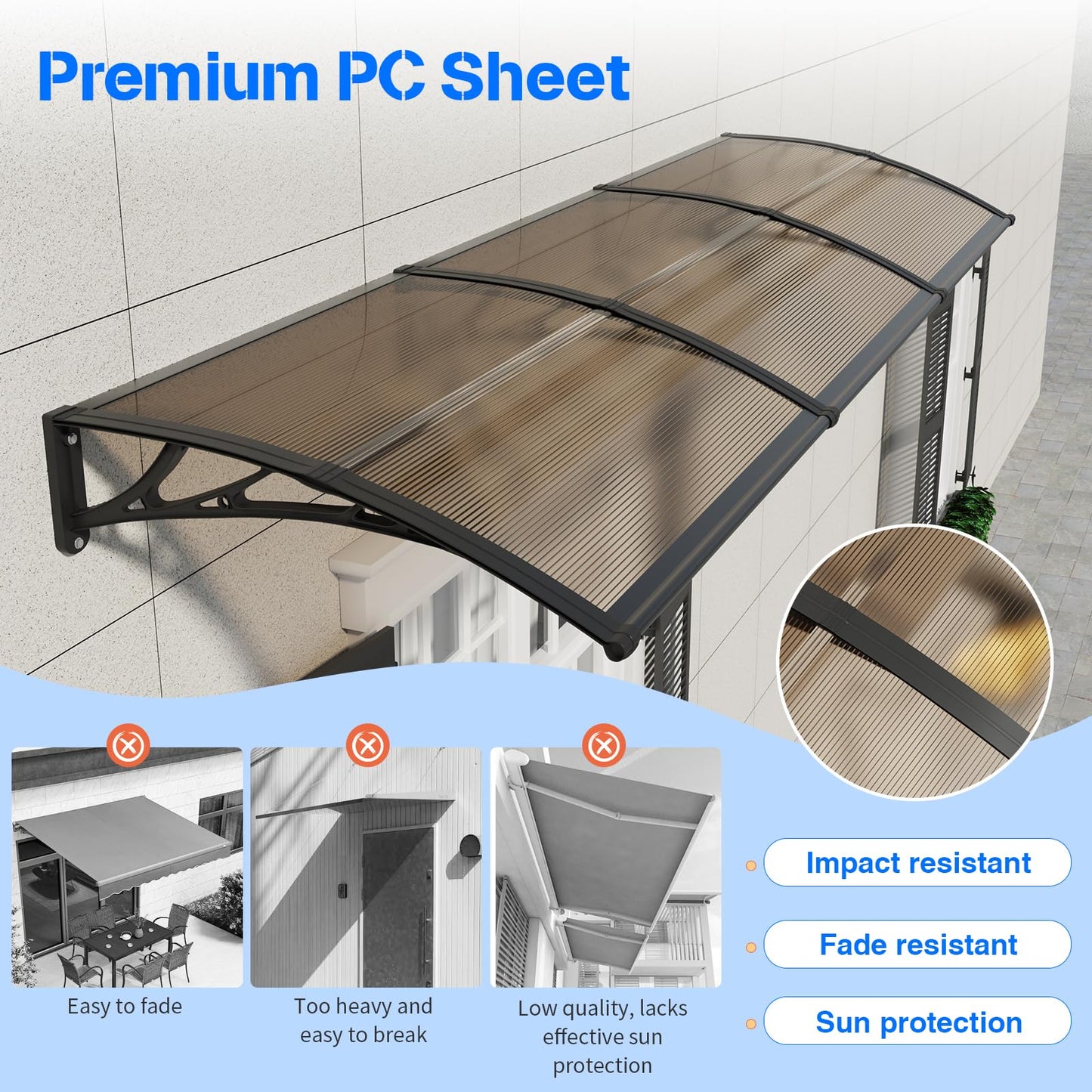 Awning for Door Entrance,40x120 inches Window Awnings for Doors Canopy Polycarbonate Cover Patio Door Awning UV Rain Snow Sunlight Protection Hollow Shee