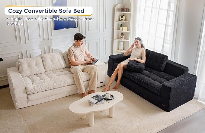 MAXYOYO Convertible Sofa Bed, Pull Out 3 Seater Sleeper Sofa, 2 in 1 Folding Couch Bed, Fold Out Floor Couch with Pillows for Living Room Bedroom Lounge, Black