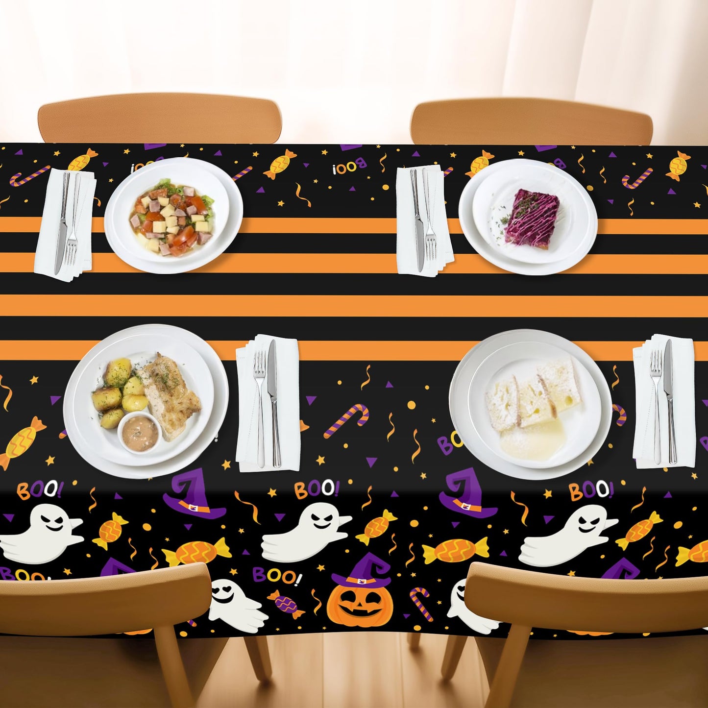 Kelool 2 Pack Halloween Tablecloth 54 x 108 Inch,Plastic Table Cloth Rectangle Disposable,Ghost Black Tablecloths Halloween Decorations,Pumpkin Witch Hat Table Cover for Indoor Outdoor Party Decor