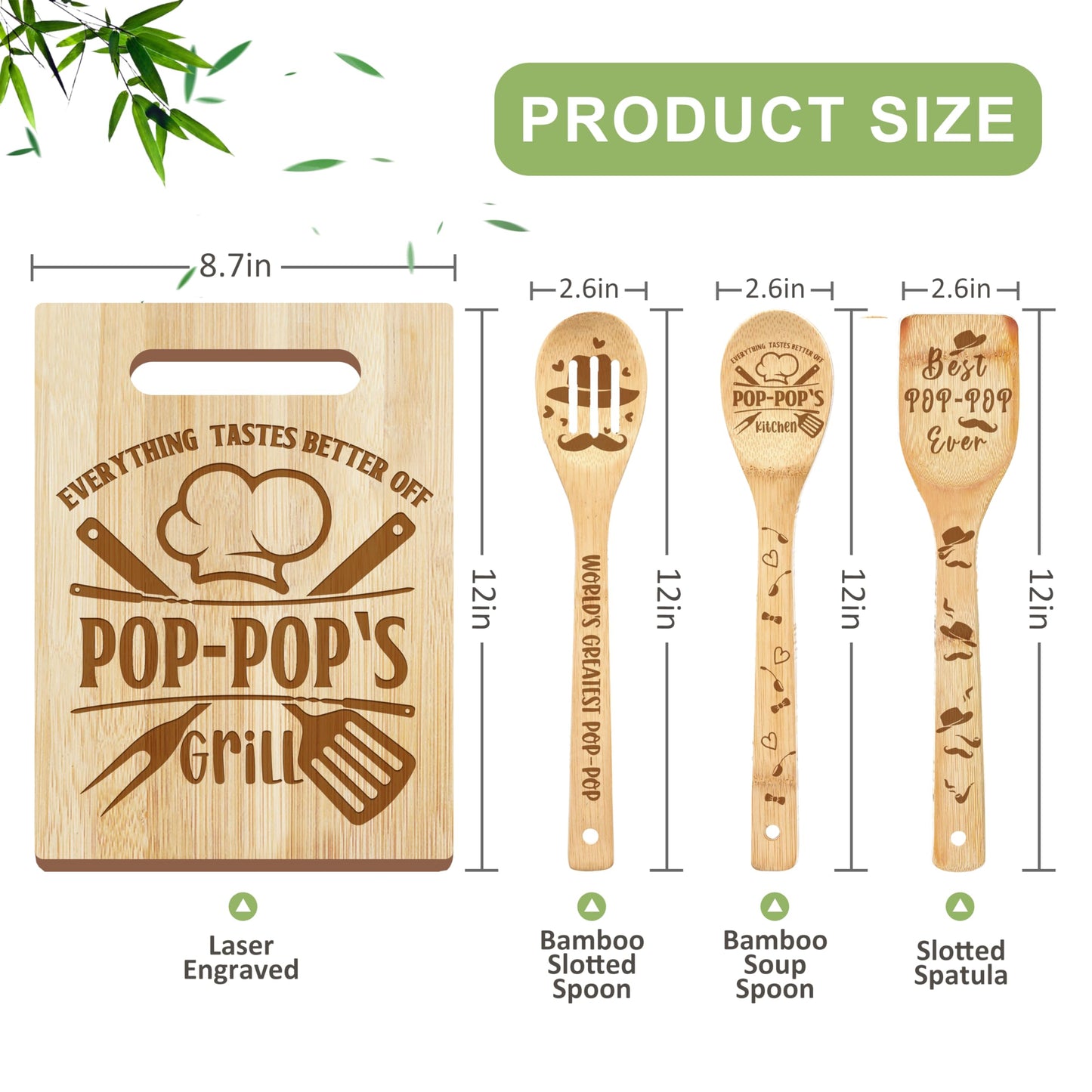 Pop Pop Gifts, Pop Gifts from Grandkids, Poppop Birthday Gift Wooden Cutting Board Utensils Set with Apron, Great Pop Grandprents Day Fathers Day Stocking Stuffer Kitchen Gift