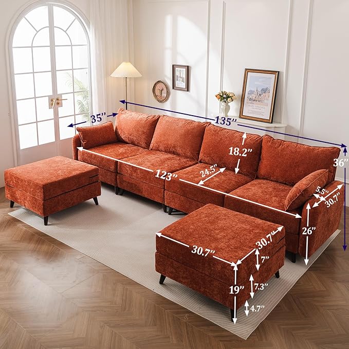 Rexulqo 135'' Modular Sectional Sofa with All Seats Storage, Oversized U Shaped Couch for Living Room,4-Seater Comfy Cloud Couch with Movable Ottoman,Big Sectional for Bedroom,Velet,Orange