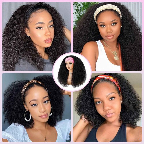 CUUYUN Kinky Curly Headband Wig Human Hair 22 Inch 4/27 Highlight Ombre Human Hair Headband Wig for Black Women Culry None Lace Front Wigs Glueless Human Hair Wigs
