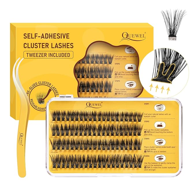 QUEWEL Self Adhesive Eyelashes Natural Look, No Glue Needed Lash Clusters with Eyelash Clusters Tweezer, 80 Pcs Reusable Lashes Self Adhesive for Beginners, DIY Lash Extensions for Home Use(ZN-04)