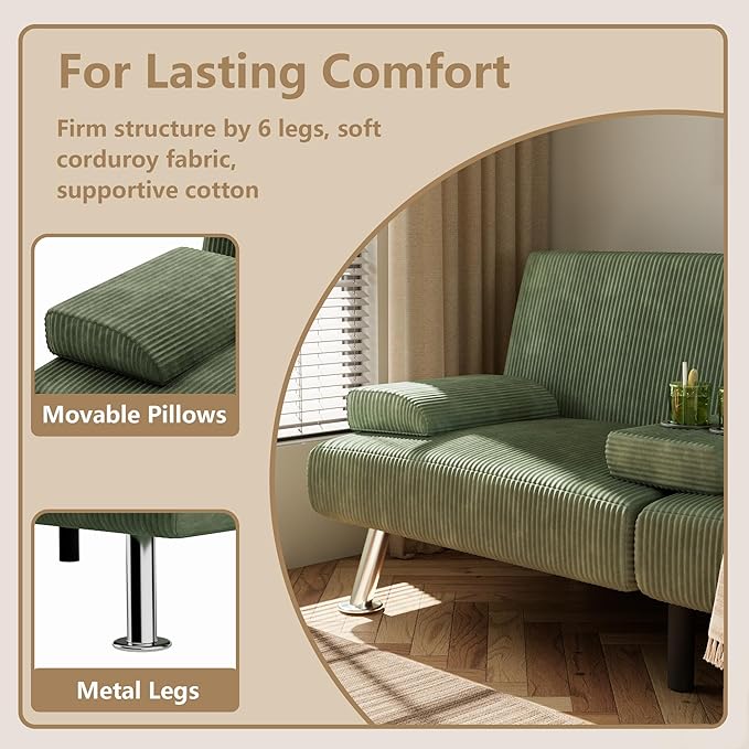 Flamaker Futon Sofa Bed Corduroy Folding Couch Adjustable Sleeper Sofa Bed for Small Apartment Upholstered Living Room Furniture Set with 2 Cup Holders Removable Armrests (Corduroy, Green)