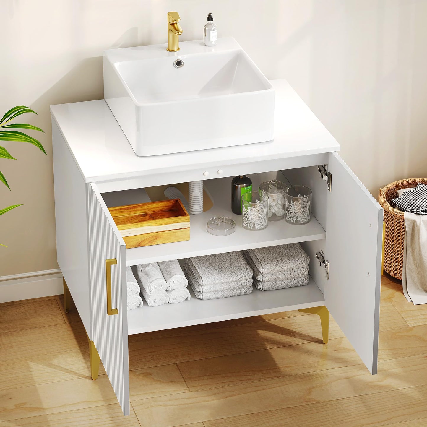 YITAHOME 30 Inch Bathroom Vanity with Ceramic Vessel Sink, Modern Vanity Cabinet with Gold Handles, Pre-drilled Faucet Hole, Soft Close Doors for Bathroom