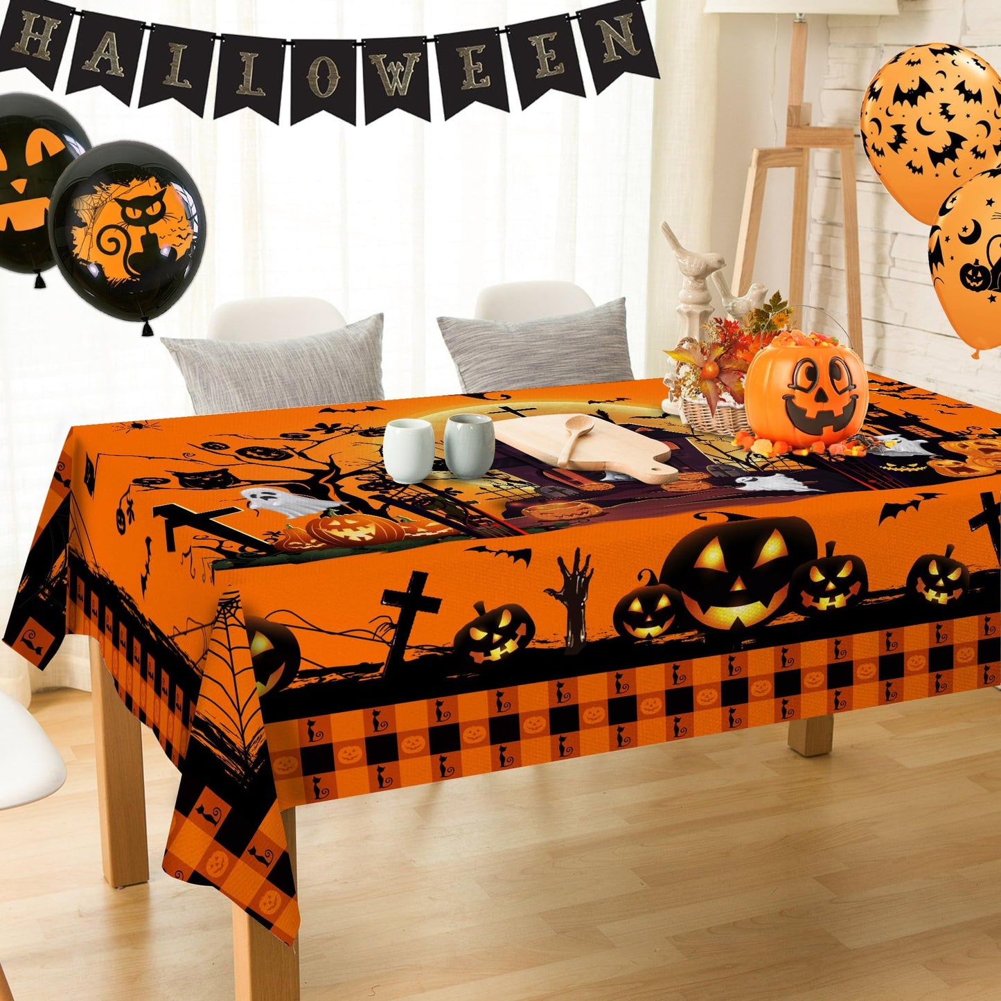 Hexagram Halloween Tablecloth 60 x 84 Inches Rectangle, Halloween Table Cloth Rectangular, Pumpkin Castle Ghost Tablecloths for Home Kitchen Dining Decor