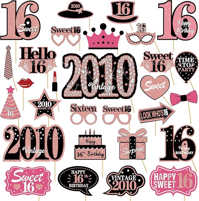 16th Birthday Decorations for Girls, Black Rose Gold Sweet 16 Photo Booth Props Sweet 16 Party Decorations Selfie Props Vi...
