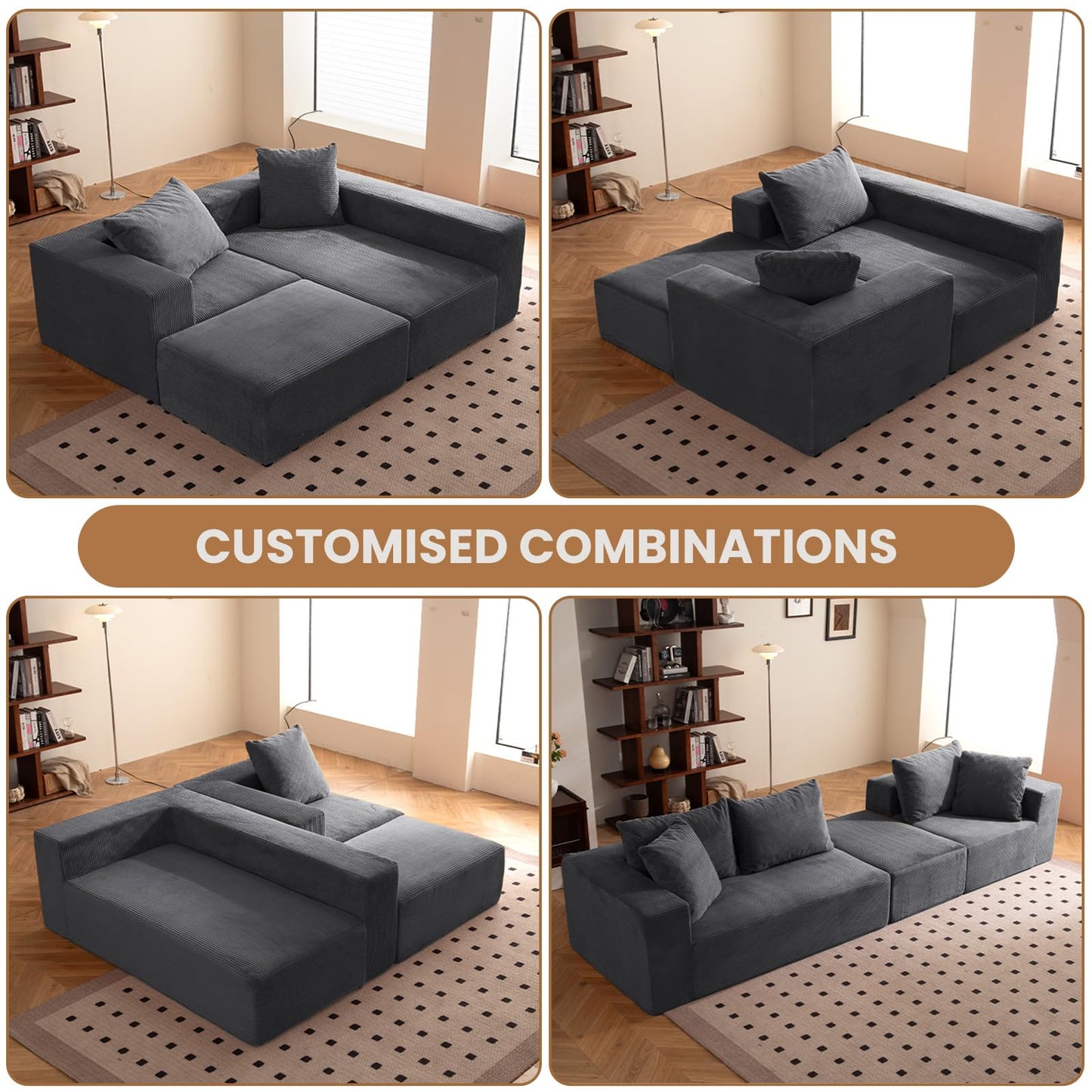 108" L-Shaped Boneless Couch, Modular Sectional Sofa with Moveable Ottoman, Corduroy Cloud Couches for Living Room, No Assembly, Ship in a Box, Ash Gray