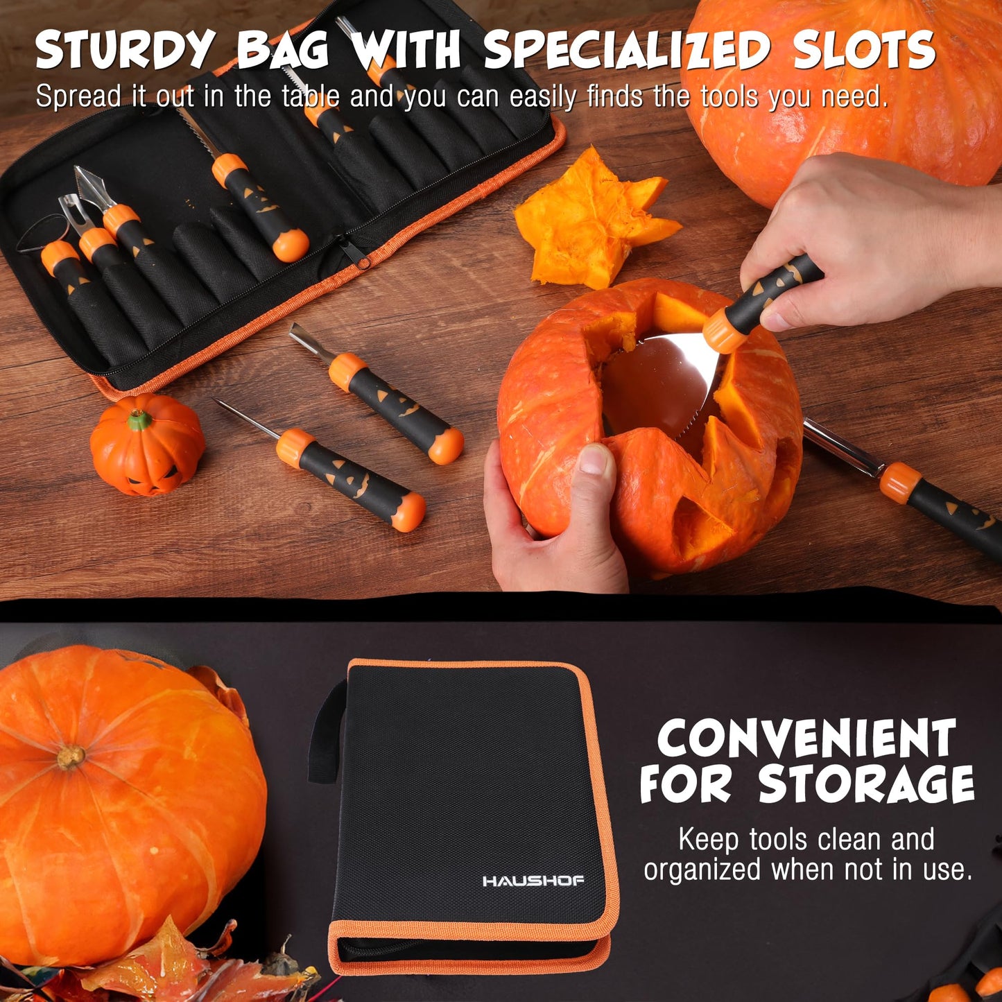 HAUSHOF 20PCS Halloween Pumpkin Carving Kit, 10PCS Professional Heavy Duty Stainless Steel Pumpkin Carving Tools with Carrying Case and 10 Pumpkin Carving Stencils for Halloween Jack-O-Lanterns