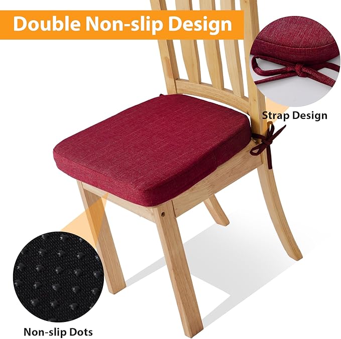 Ruqmuis Chair Cushions for Dining Chairs, 2" Thick Seat Cushions for Kitchen Chairs, D-Shaped Chair Pads with Washable Cover, Ties and Non Slip Backing, 17'' x 16'', Set of 4, Red