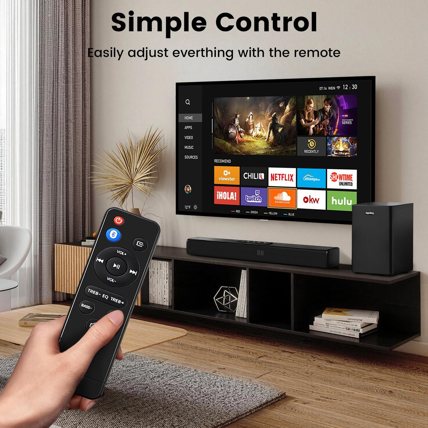 ottosing Bluetooth Soundbar with Wireless Subwoofer,Sound bar with Optical/ARC/AUX and Bluetooth 5.0 Inputs, 2.1 ch Surround Sound System for TV PC Game Music/Movie/News