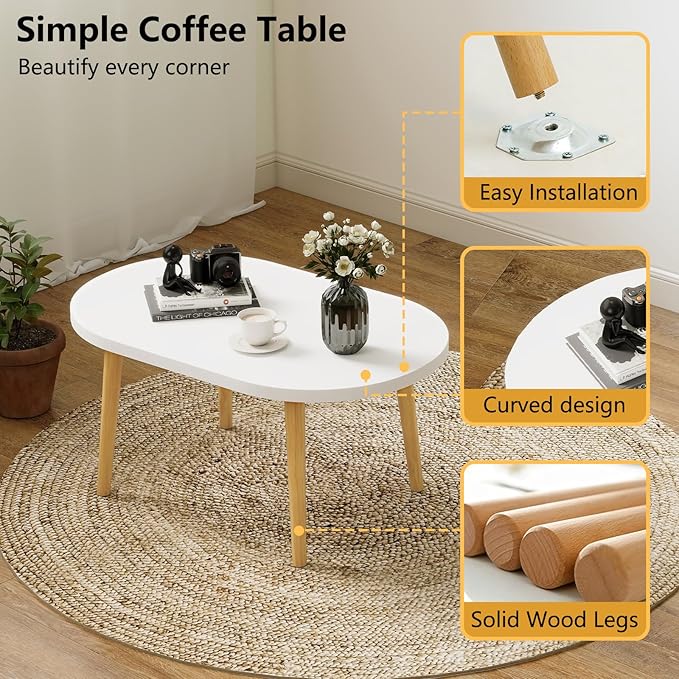 Funecy Coffee Table Low Table with Solid Wood Sturdy Legs, Floor Table Desk for Sitting on The Floor, Storage and Living Room Furniture (White-Oval)