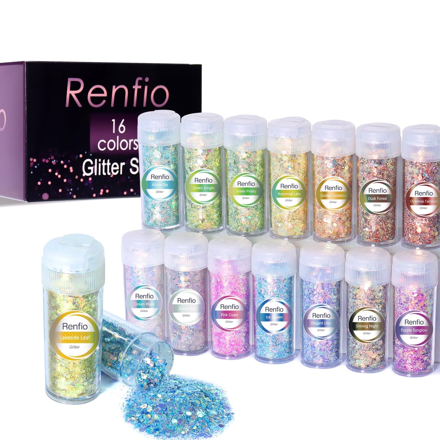 Renfio Opal Chunky Glitter Set - 16 Dreamy Amber Colors, 10g Each - Holographic Fine Glitter Mix, Iridescent Flakes for Snow Globe, Tumbler, Nail Art & DIY Crafts