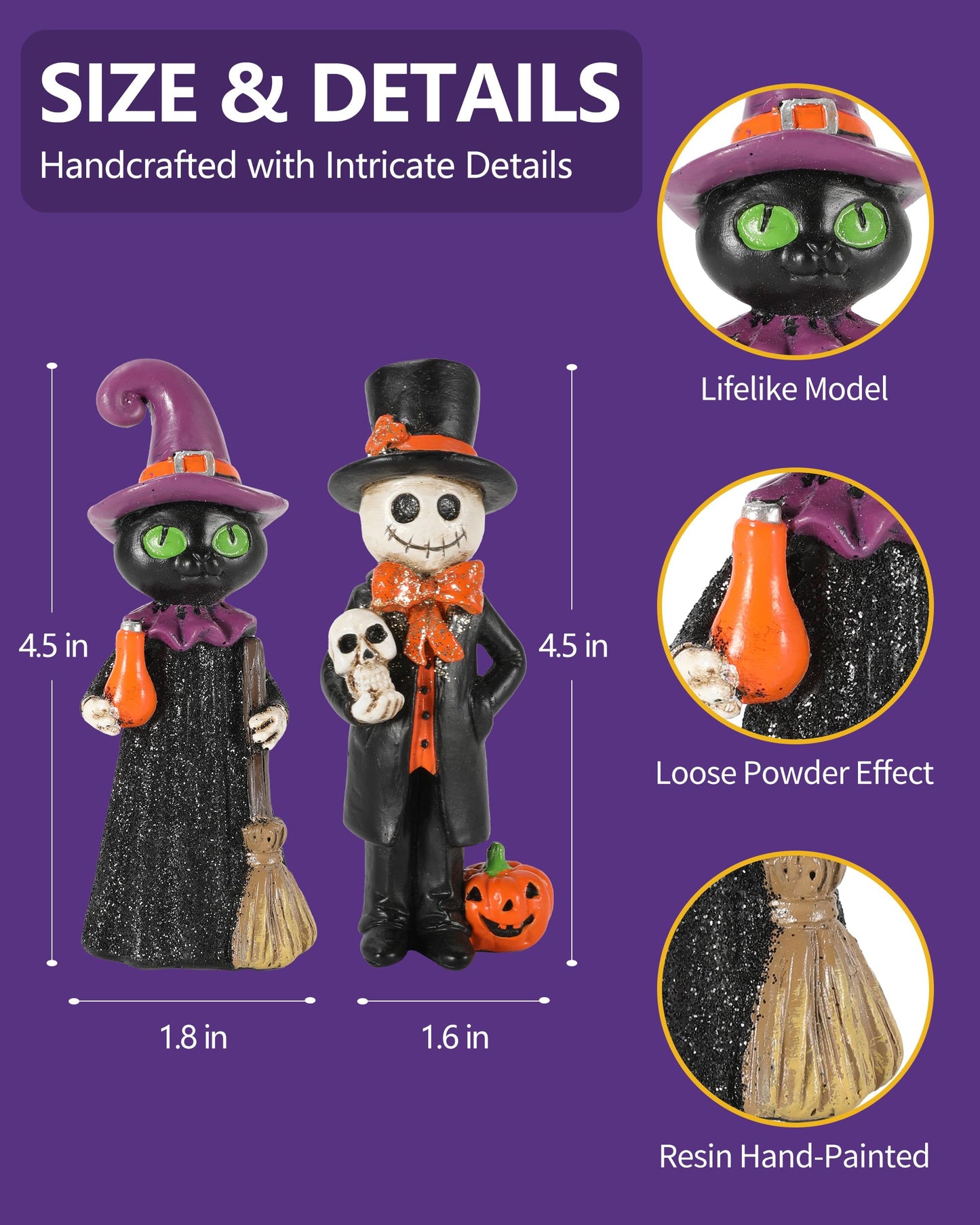 GoGnome Cute Halloween Decor - 2-Pack 4.5'' Resin Skeleton Gentleman and Witch Broom Figurines - Indoor Halloween Decorations for Home Mantle Fireplace Party Gifts (Ghost & Witch)