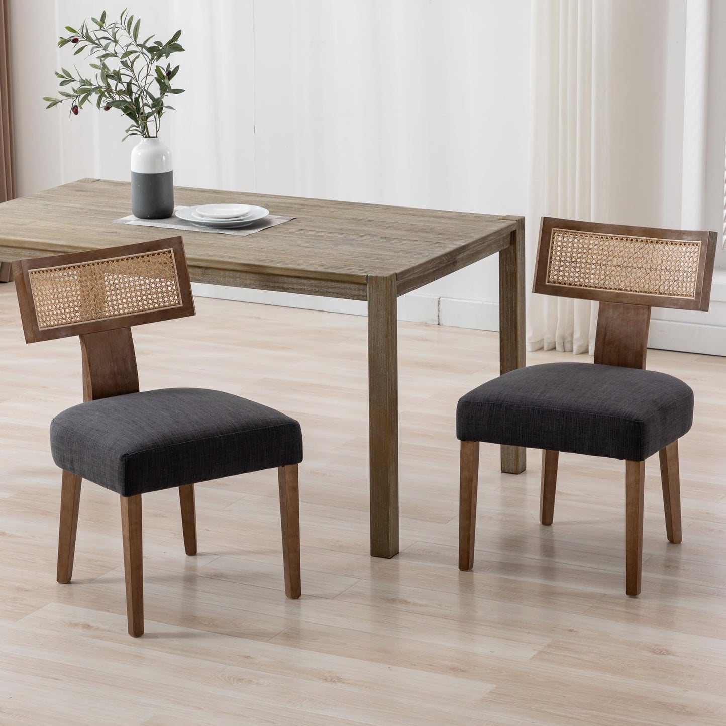 BESTANO Rattan Dining Chairs Set of 4, Mid-Century Modern Wooden Farmhouse Dining Chairs Linen Fabric Upholstered Kitchen Chairs with Curved Cane Back, Charcoal