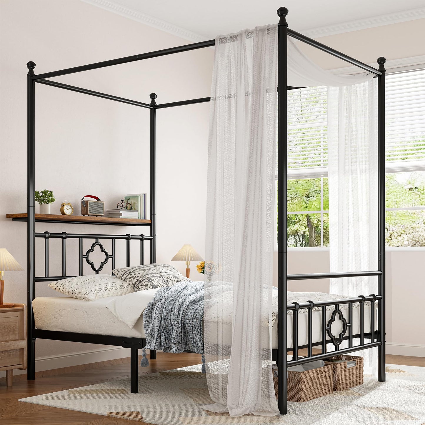 Homkdom Canopy Bed Frame with Storage Headboard, Twin Size Bed Frame with 4 Removable Posts, Sturdy Metal Platform with Under-Bed Storage, Dual Purpose Bed Frame, No Box Spring Needed, Black