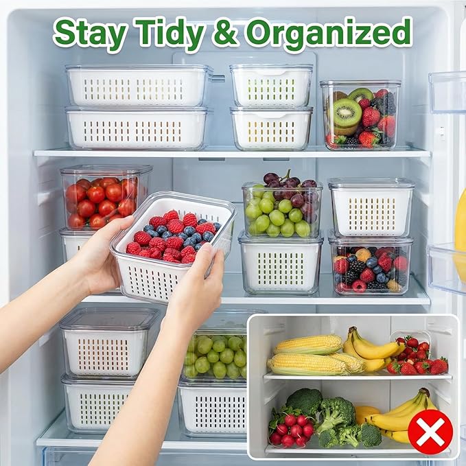 10PCS Fruit Storage Containers for Fridge, Leakproof Produce Containers for Fridge with Removable Colander, All-In-One Fruit Containers Stainers Berry, Fruits, Vegetables, Lettuce Keeper Local Stock
