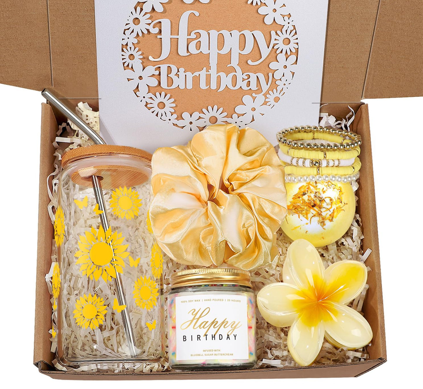 iAOVUEBY Birthday Gifts for Women, Her, Teen Girl Gifts, Happy Birthday Gift Box for Girl, Women, Sister, Daughter, Friend, Friendship, Cute Sunflower Sunshine Glass Cup Gift Set 7PCS, 16oz, Yellow