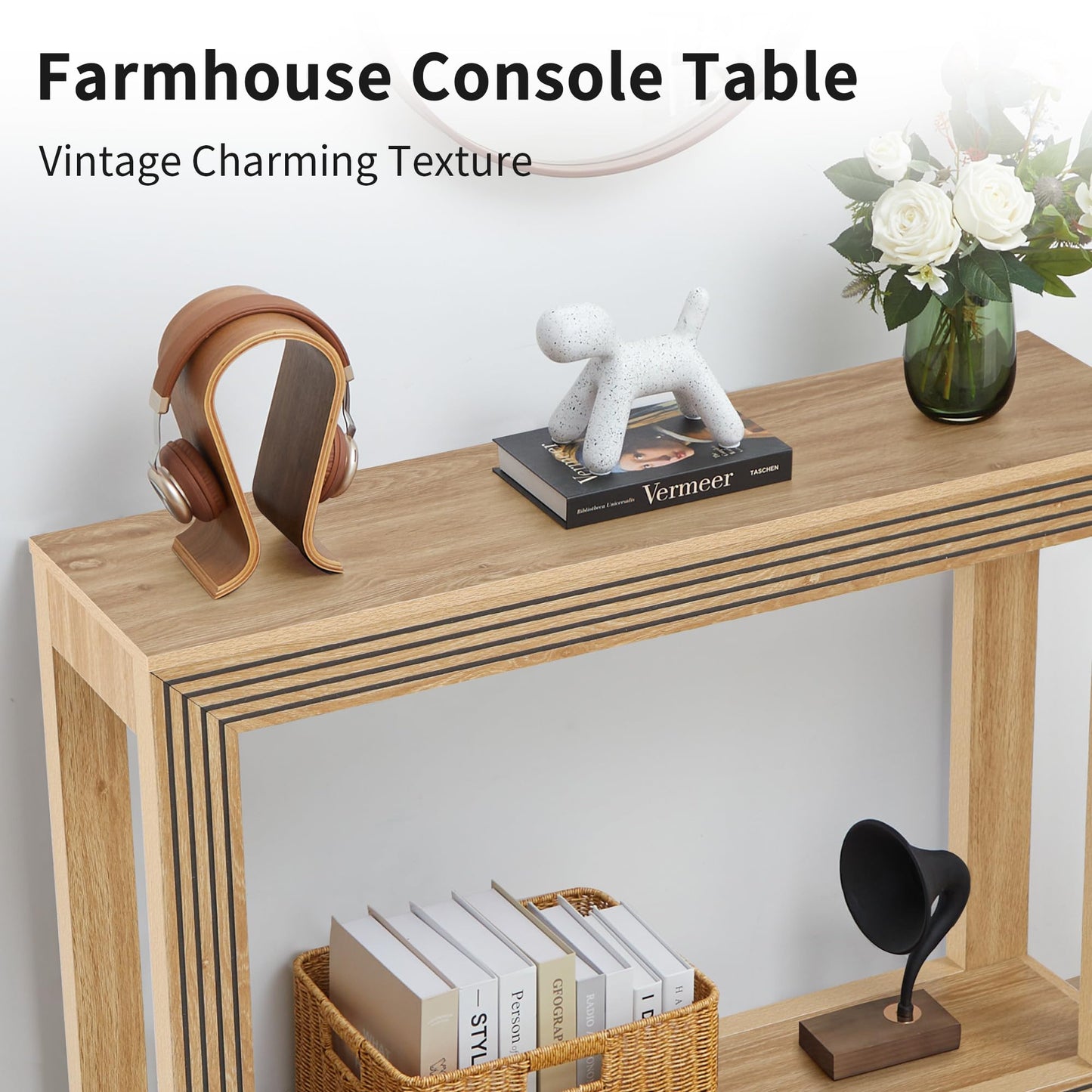 AVZEAR Fluted Entryway Console Table with Storage Shelf, 43" Mid-Century Couch Table Behind Sofa Long and Skinny for Living Room Hallway Entrance Foyer, Nature
