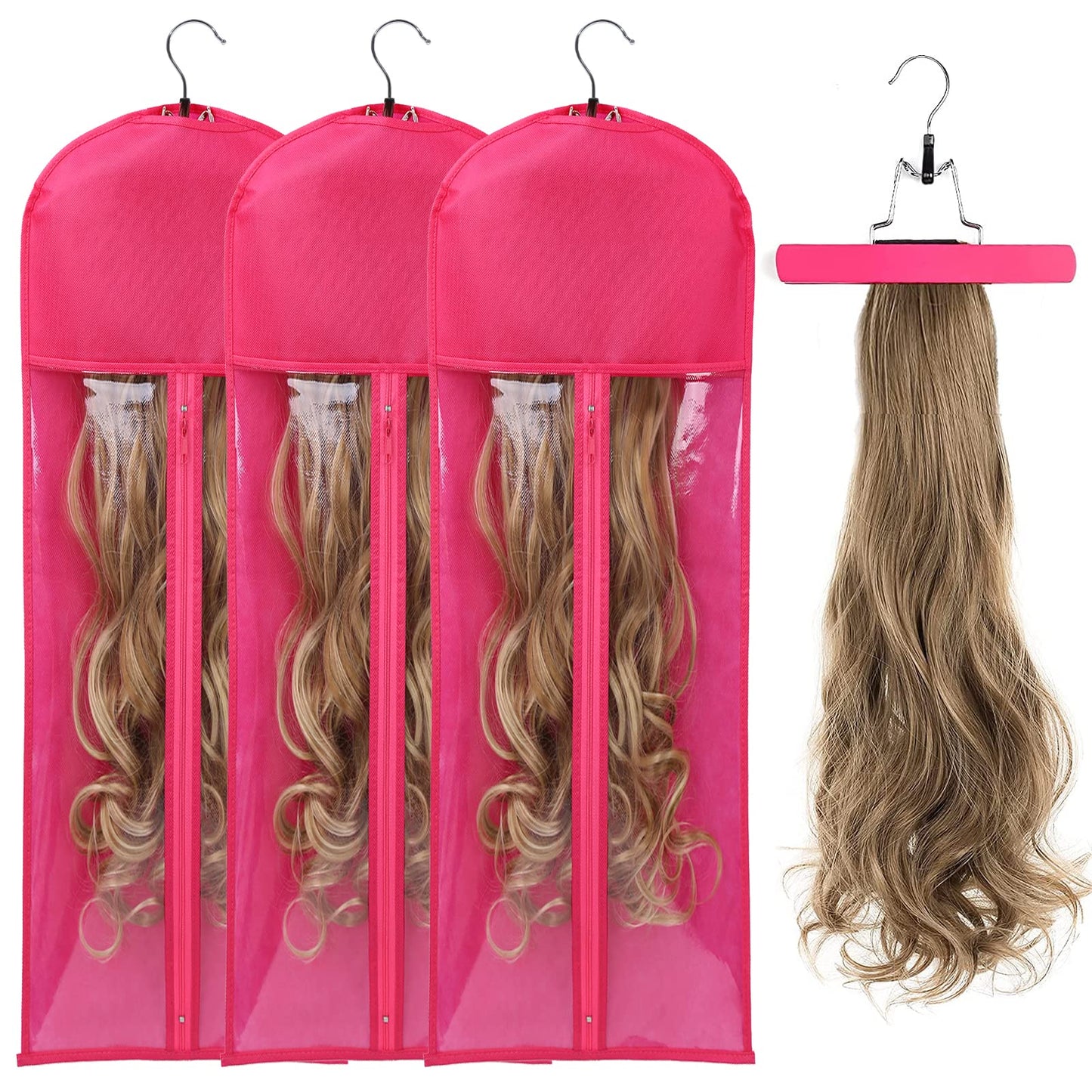 AIHOPESTO 3PCS Extra Long Wig Storage Bag with Wooden Hanger Hair Extension Storage Bag with Hanger Portable Dust-proof Portable