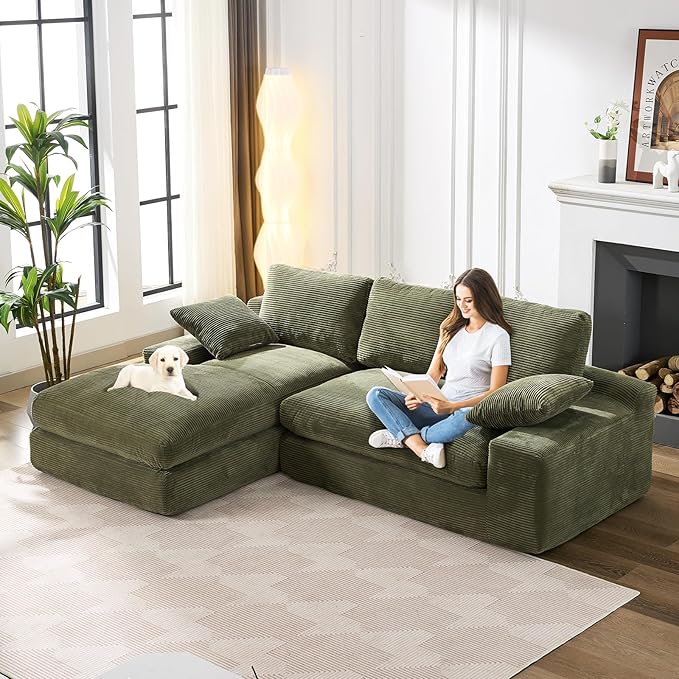 98.4" Green Sectional Sofa Cloud Modular Sectional Couch with Chaise,Corduroy Sectional Couches L-Shaped Modern Upholstered Sofa with Deep Seat for Living Room and Bedroom,No Assembly Required(Green)