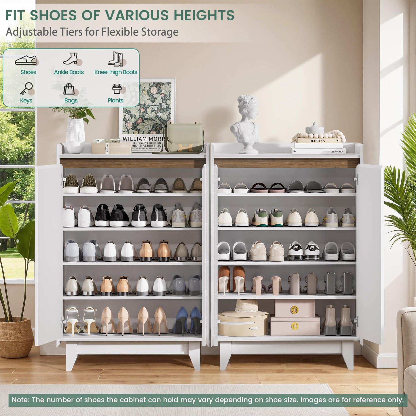 Tablyfurny White Shoe Cabinet for Entryway, 5-Tier Shoe Storage Cabinet with Doors and Shelves, 43.7" Tall Fluted Shoe Storage Organizer Cabinet, Wooden Shoe Rack Organizer for Hallway Closet