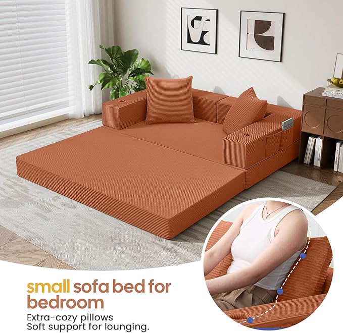 COMAX Futon Sofa Bed, 4‑in‑1 Convertible Sofa Bed, Folding Boneless Couches for Living Room, Fold Out Small Foldable Loveseat Floor Sleeper Comfy Mattress Lounge Space‑Saving, Light Orange