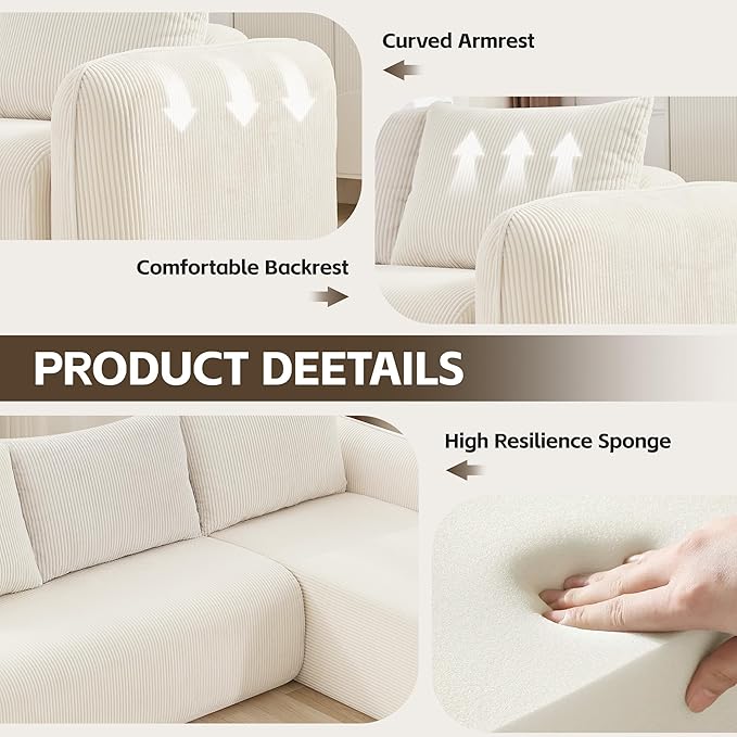 UMBFUN 103" Cloud Sectional Couch for Living Room, Boneless Couch with L-Shape Chaise, Modular Sectional Sofa with Deep Seat, Oversized Modular Sofa for Bedroom, No Assembly Required, Corduroy