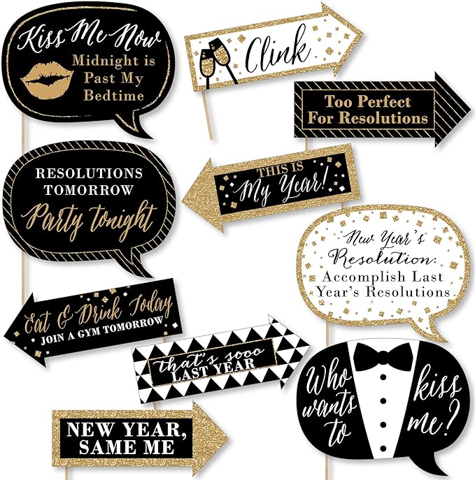 Big Dot of Happiness Funny New Year's Eve Photo Booth Props Kit, 10-Piece, Black & Gold, Cardstock & Wood
