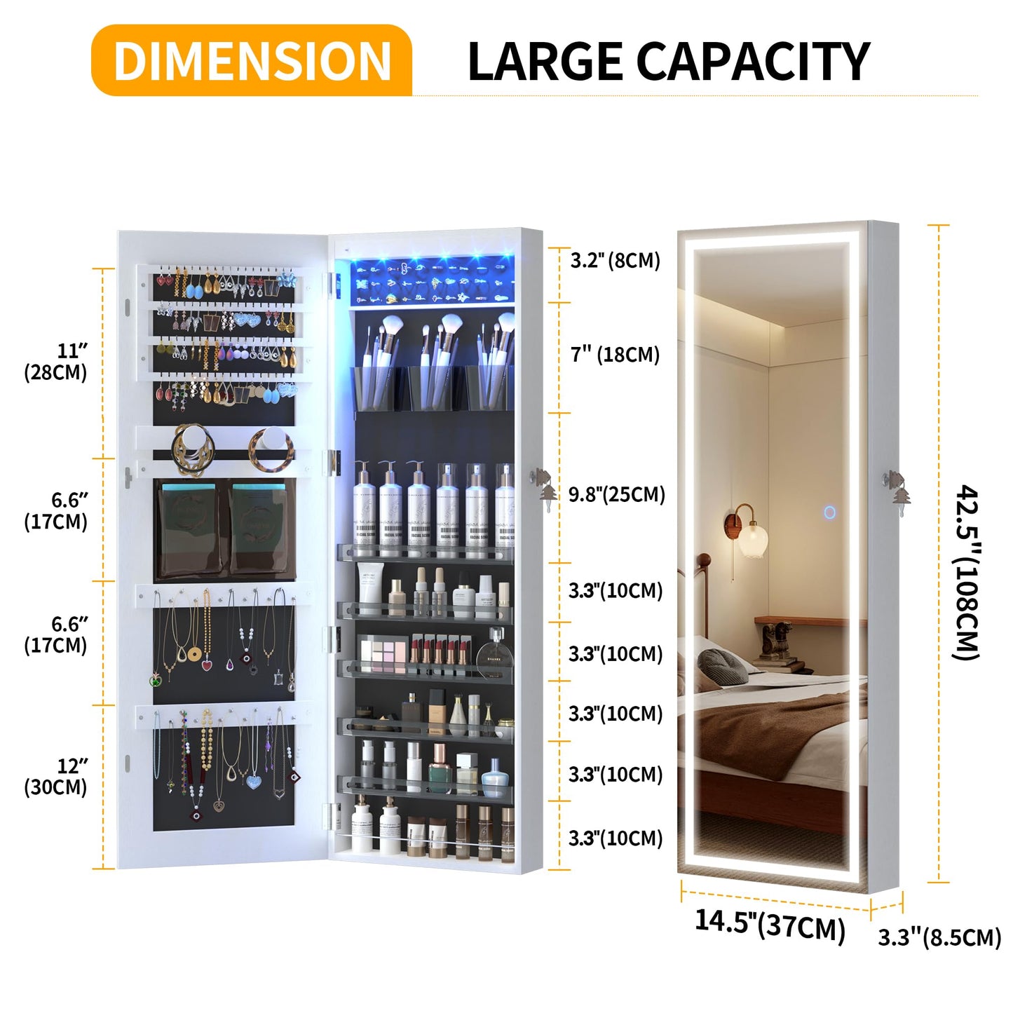 LVSOMT LED Mirror Jewelry Cabinet Door Hanging, Wall Mounted Jewelry Mirror Organizer Full Length, Lockable Jewelry Armoire, Large Capacity, for Small Space Bedroom, Gift for Women, White