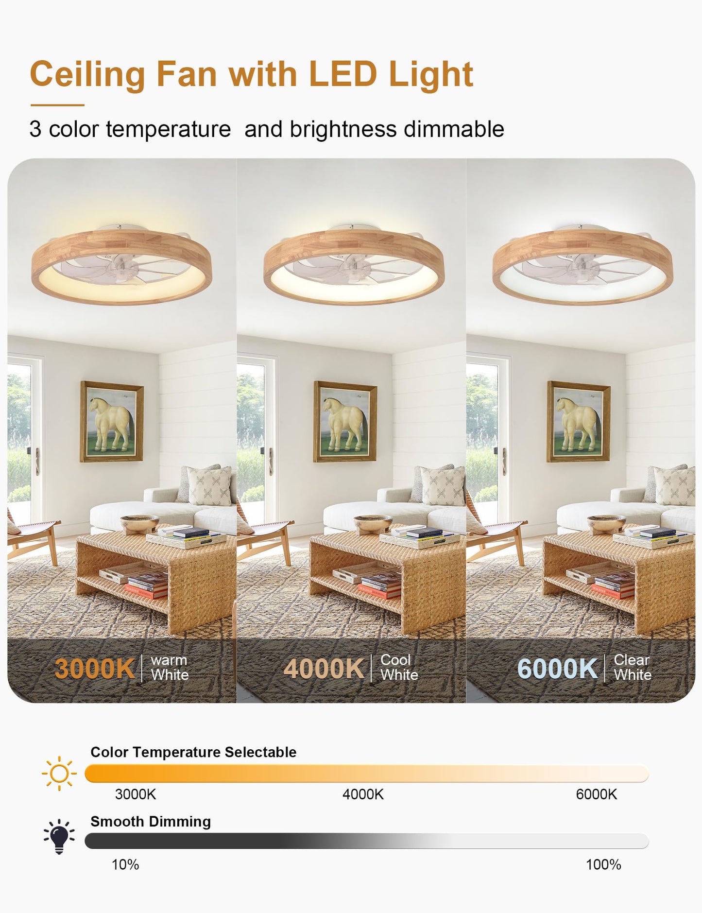 Curve Curio 20'' Low Profile Ceiling Fans with Lights Modern Flush Mount Wood Ceiling Fan and Remote Dimmable LED