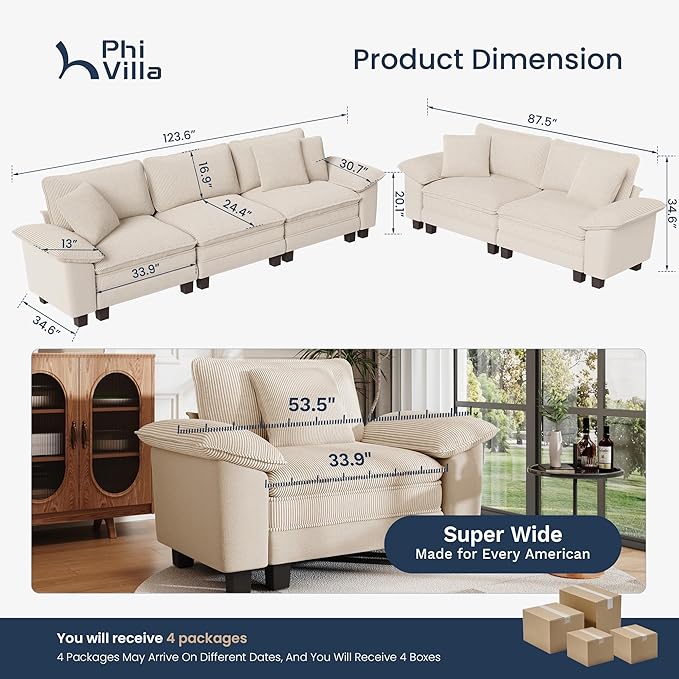 PHI VILLA Cloud Modular Couches Sets, 2 Pieces Sectional Sofa Set with Loveseat, 5-Seater Upholstered Couch for Living Room Small Spaces, Chenille Corduroy Dual Fabric, Beige