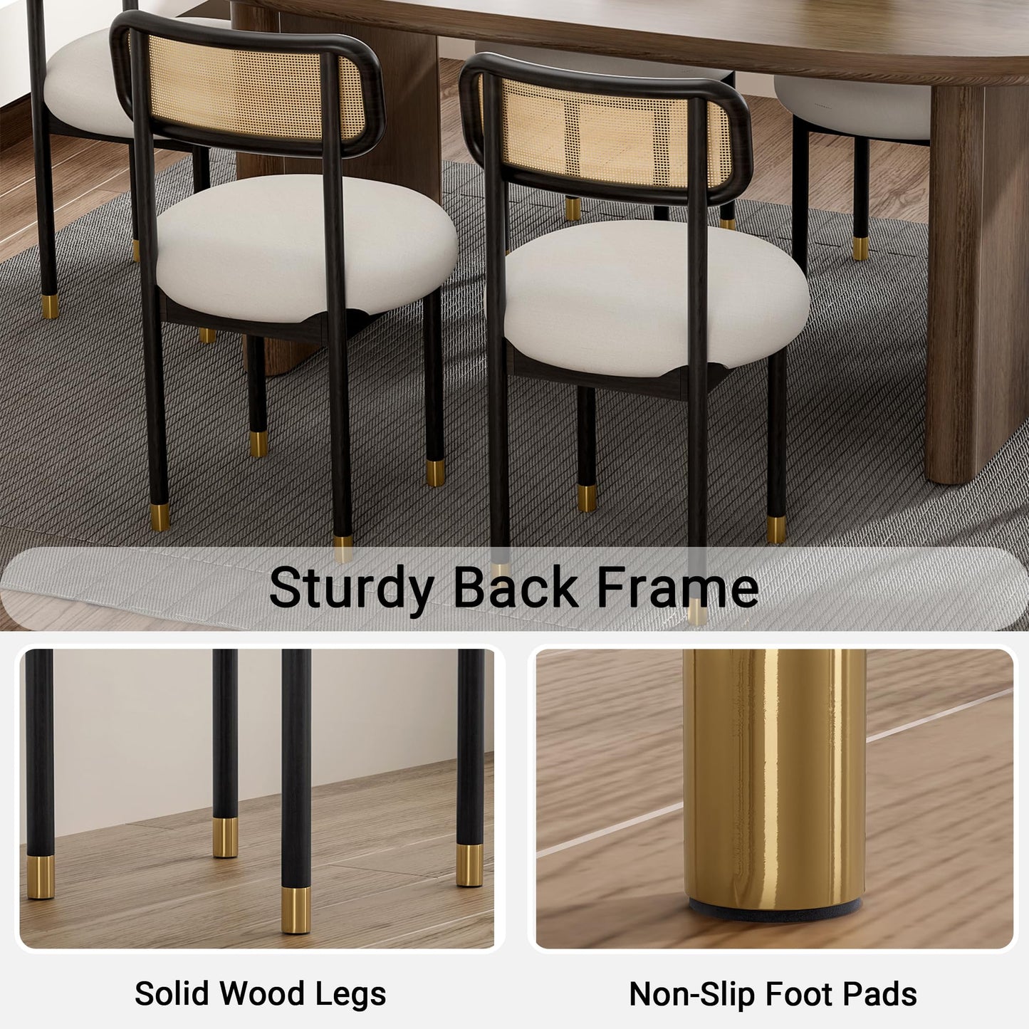 HoeuThien Upholstered Rattan Dining Chairs Set of 4, Mid Century Modern Kitchen Chairs with Curved Back and Solid Wood Legs Armless Accent Chair for Living Room Bedroom Restaurant, Black/White Linen