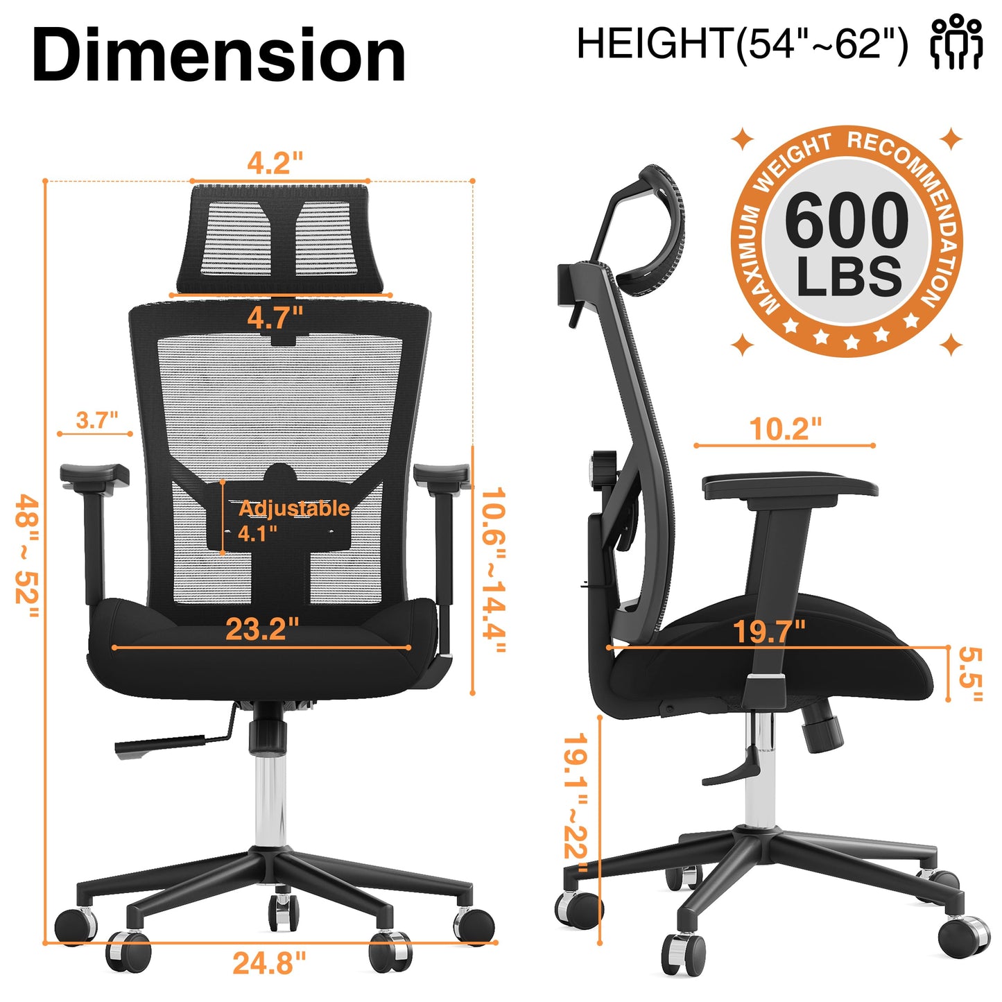 Howjoe Ergonomic Mesh Office Chair, 600LBS Computer Desk Chair with Adjustable Lumbar Support and Armrest, Office Desk Chairs with Wide Thick Seat Cushion, Big and Tall Office Chair for Heavy People